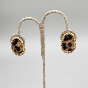 Vintage Imitation Leopard Print Fur Clip On Earrings Braided Gold Tone Border